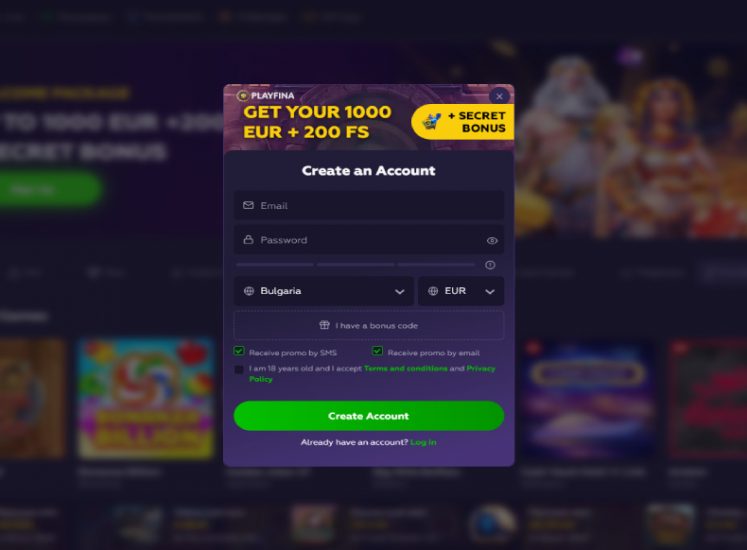 Playfina Casino Registration Screen